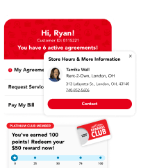 Rent-2-Own app account screen with store hours and Platinum Club member points