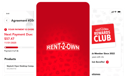 Rent-2-Own app screens showing an agreement with the next payment due and Rewards Club membership